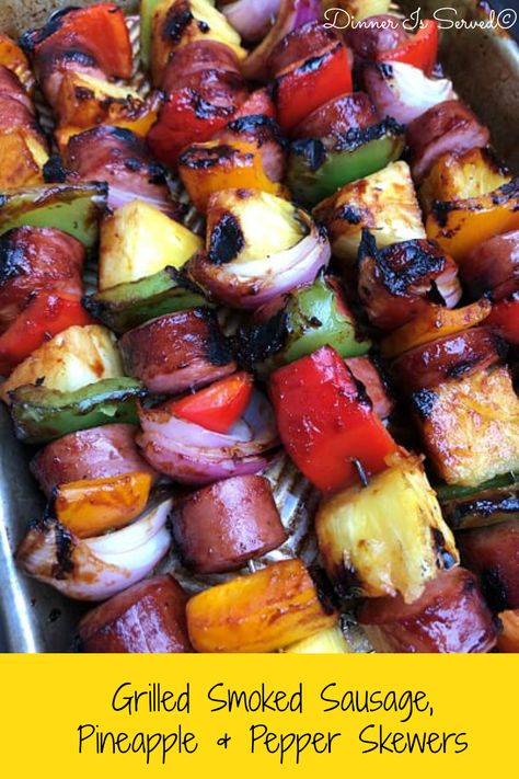 Grilled Sausage Dinner Ideas, Grilled Sausage And Veggies, Sausage Grilling Recipes, Smoked Sausage Camping Recipes, Kielbasa Kabobs On The Grill, Smoked Sausage Skewers, Kielbasa Grill Recipes, Smoked Sausage On The Grill, Grilled Smoked Sausage Recipes