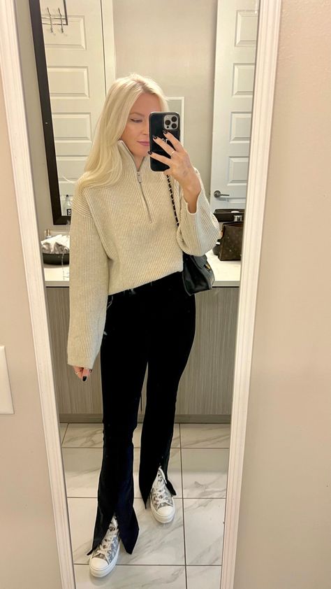 Dior High Tops Outfit, Zip Hem Leggings Outfit, Split Hem Flare Leggings Outfit, Split Hem Leggings Outfit Winter, Split Flare Leggings Outfit, Split Front Leggings Outfit, Dior High Top Sneakers Outfit, Split Legging Outfit, Sweater Outfit For Work