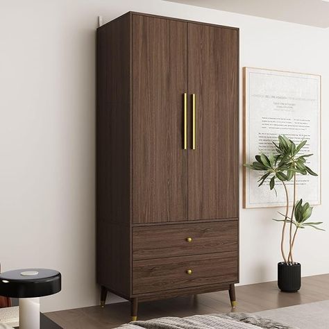 Amazon.com: MOUMON 2-Door Wardrobe Closet with 2 Drawers, Armoire Wardrobe Closet with Hanging Rod, Bedroom Armoire Closet with Wooden Legs, Brown (31.5”W x 19.1”D x 71.1”H) : Home & Kitchen Single Wardrobe Ideas, Armoire Closet, Mini Bedroom, Wooden Almirah, Wooden Wardrobe Design, Armoire Wardrobe Closet, Wooden Closet, Armoire Wardrobe, Wardrobe Door Designs