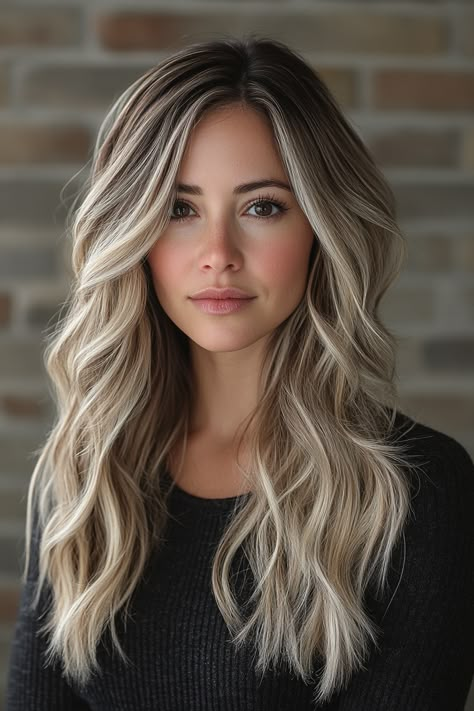 Dark Hair Light Blonde Highlights, 2025 Hair Balayage, Dark Blonde Platinum Highlights, Blonde Blended Balayage, Blonde With Dimension Balayage, Ash Blonde Platinum Highlights, Long Ash Blonde Hair Balayage, Balayage Hair Dark To Blonde, Long Blonde Babylights