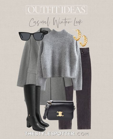 Celine Triomphe Bag Outfit, Gray Sweater Outfit Winter, Winter Outfits Date Night, Grey Boots Outfit, Double Breasted Coat Women, Outfit Ideas Christmas, Grey Sweater Outfit, Casual Winter Outfit, Winter Sweater Outfits