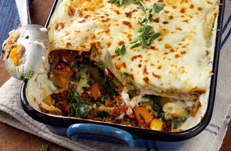 Quorn, squash and spinach lasagne recipe - goodtoknow Breakfast Under 100 Calories, Meals Under 200 Calories, Dinner Under 300 Calories, Meals Under 400 Calories, Quorn Recipes, Dinners Under 500 Calories, Vegetarian Lasagne, Vegetable Lasagne, Hcg Recipes