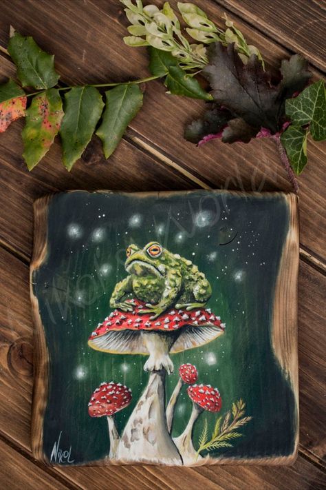 Mushroom Frog Painting, Acrylic Frog, Frog Painting, Mushroom Frog, Rustic Painting, Mushroom Paint, Whimsical Art Paintings, Acrylic Tutorials, Art Drawings Sketches Pencil