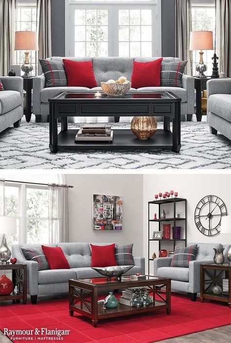 Grey And Red Living Room, Red Living Room Decor, Red Living Room, Red Living, Living Room Decor Gray, Red Home Decor, Black Living Room, Living Room Red, Living Room Color Schemes