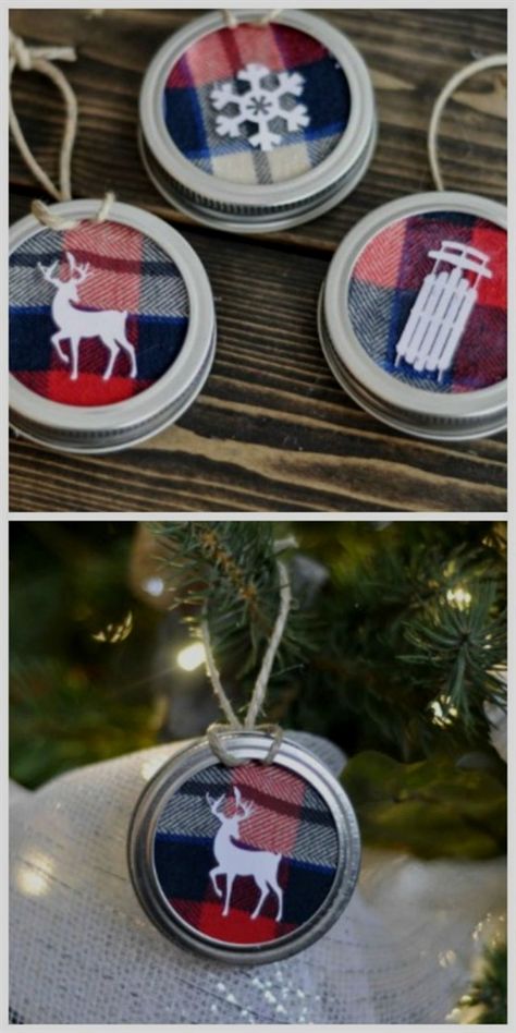 Turn an old flannel shirt, Mason jar lids, and cardstock into these perfectly rustic ornaments. #DiyChristmasDecorations Mason Jar Christmas Crafts, Rustic Ornaments, Christmas Mason Jars, Christmas Jars, Mason Jar Lids, Navidad Diy, Mason Jar Diy, Mason Jar Crafts, Noel Christmas