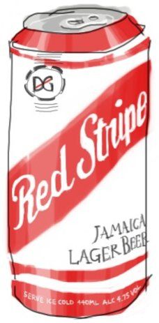 Food illustration - Red Stripe Lager Beer Cans Illustrations, Glasgow Nightlife, Red Stripe Beer, Jamaican Drinks, Beer Drawing, Red Spice, Beer Menu, Beer Serving, Beer Art