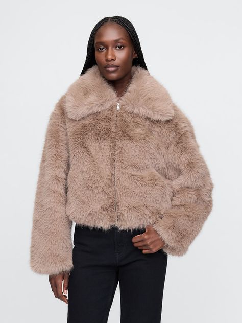 Soft faux fur jacket.  Spread collar.  Long sleeves.  Zipper front.  Elasticized hem.  Fit: Relaxed.  A straight & easy fit.  For a Classic fit, go down one Chic French Outfits, French Outfits, What To Wear In Paris, Current Aesthetic, 2023 Wishlist, Nyc Winter, 2024 Wishlist, Faux Fur Cropped Jacket, Clothing Haul