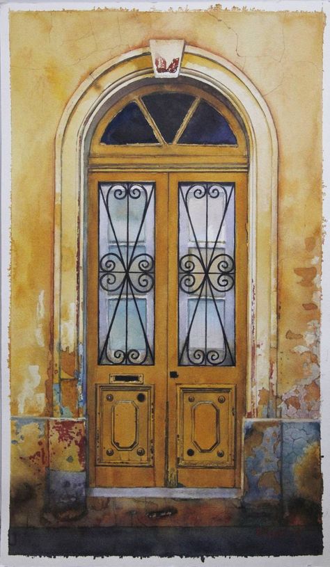 Original Art Watercolor Painting, measuring: 31W x 53H x 0.1D cm, by: Eugene Panov (Uzbekistan). Styles: Realism. Subject: Architecture. Keywords: Watercolor Painting, Old Town, Vintage Door, Old House, Old Door, Old Architecture Art, Interior Painting, Old Architecture, Yellow Door, Cityscape. This Watercolor Painting is one of a kind and once sold will no longer be available to purchase. Buy art at Saatchi Art. Paintings Of Doors, Doorway Art, Architecture Watercolor, Vintage Cityscape, Old Architecture, Painting Old, Yellow Door, Painting Yellow, Yellow Doors