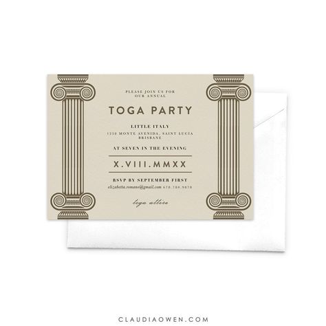 Toga Party Invitation, Italian Pillars, Roman Party, Personalized Invites, Mediterranean European Italy Greece Ancient Architecture Roman Party, Roman Toga, Greek Theme, Ancient Italy, Greece Ancient, Toga Party, Fun Party Themes, Prom Theme, Printing Wedding Invitations