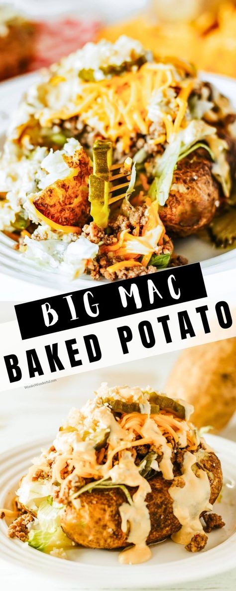 Big Mac Smashed Potatoes, Cheeseburger Baked Potato, Burger And Potato Recipes, Baked Potato Ideas, Baked Potato Topping Ideas, Baked Potato Loaded, Potato Loaded, Burger Lettuce, Fast Food Burger