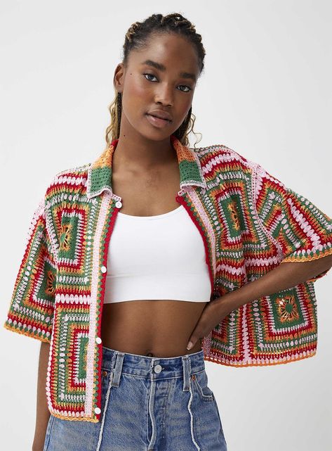 Women > Blouses & Shirts Twik - Colourful crochet shirt Twik   Stretch and openwork crochet Buttons down the front Straight, loose fit   The size of the item pictured is one size Crochet Shirts For Women, Crochet Shirt Women, 60s Crochet, Crochet Shirts, Colourful Crochet, Beau Crochet, Blouse Crochet, Crochet Couture, Gilet Crochet