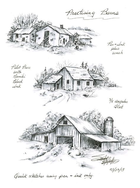 Barn Drawing, Landscape Pencil Drawings, Barn Painting, Barn Art, Landscape Sketch, Farm Houses, Architecture Drawing Art, Pencil Art Drawings, Landscape Drawings