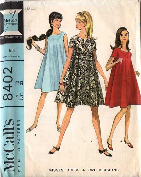 1966 Mod tent dress, trapeze dress, back zipper. "Four section, widely flared dress may be sleeveless or have short set in sleeves. Dress has center back zipper, faced and interfaced rounded neckline and dress may be lined Tent Dresses Pattern, 1960s Mod Dress, Vintage Clothes Patterns, 1960 Fashion, Vintage Dress Patterns, Mccalls Sewing Patterns, Tent Dress, Trapeze Dress, Flared Dress