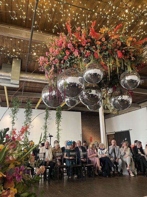 Inside Party Decorations, Disco Ball Wedding Chandelier, Mirrorball Wedding Decor, Disco Tent Wedding, Disco Ball Ceiling Wedding, Hanging Greenery Installation, Spring Ball Decorations, Met Gala Wedding Theme, Discoball Wedding Aesthetic