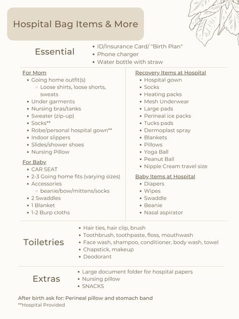 Some ideas on what to pack if you plan on staying in the hospital for a couple days and some items your hospital may provide! Hospital Bag Items, Tucks Pads, Peanut Ball, Nasal Aspirator, Bag Items, Shower Shoes, Hospital Gown, Yoga Ball, Going Home Outfit