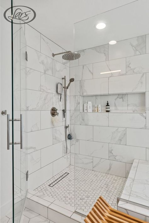 #bathroomlighting #homedecor #interiordesign #lightingideas #bathroominspiration #homeimprovement #decor #diy #renovation #smallspaces White Tile Shower, Master Bath Shower, Full Bathroom Remodel, Bathroom Shower Design, Master Shower, Master Bath Ideas, Bathroom Redesign, Bathroom Shower Tile, Bathroom Remodels