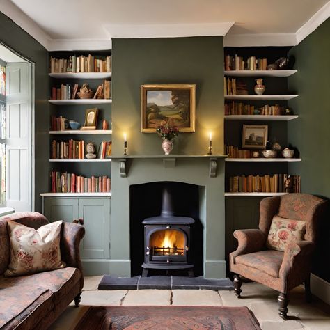 Built In Cupboards Fireplace, Study Room Fireplace, Snug With Log Burner, Small Built In Fireplace, Cottage Snug Room, Fireplace Library Wall, Library Room Fireplace, Green Living Room Fireplace, Bookshelf Around Fireplace