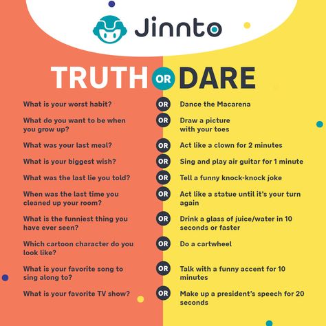 🤩More fun from Jinnto has arrived!
Play truth or dare with your friends.
What would you choose first? Truth Or Dare Questions For Kids, Truth Or Dare Questions For Teenagers, Truth Or Dare Ideas, Play Truth Or Dare, Dare Ideas, Funny Knock Knock Jokes, Good Truth Or Dares, Dare Games, Truth Or Dare Questions