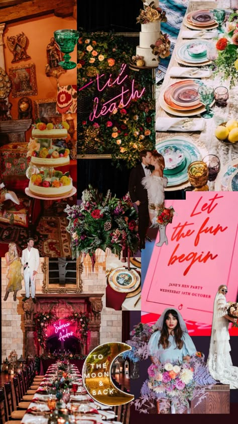 maximalist wedding inspiration ✨ Maximalist Wedding Ceremony, Whimsical Eclectic Wedding, Maximalist Fall Wedding, Romantic Maximalist Wedding, Kitsch Wedding Theme, Alt Wedding Reception, Pink Eclectic Wedding, Colorful Nye Wedding, Gold And Colorful Wedding