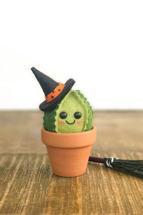 This Tiny Felt Witch Cactus Is the Most Innocent Halloween Decoration, and I Need It Cactus Arrangements, Felt Cactus, Felt Witch, Felt Witch Hat, Cactus Arrangement, Succulent Pumpkin, Plant Display Ideas, Etsy Halloween, Gifts For Teacher