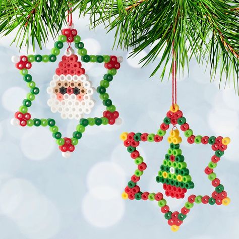 It’s never too early to start thinking about decorating for the holidays! Join us for our next Michaels Kids Club class on November 13 to make these cute spinning ornaments. See link in bio to sign up for the FREE online class. @michaelsstores Melt Beads Christmas Ornaments, Christmas Crafts With Beads For Kids, Perler Bead Patterns Christmas Ornaments, Xmas Perler Beads, Perler Bead Patterns Ornaments, Among Us Bead Pattern, Pearler Bead Christmas Ornaments, Snowflake Perler Bead Patterns, Christmas Hamma Beads