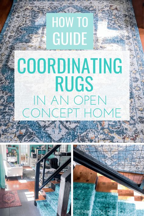 Learn how to coordinate rugs in an open concept home. Picking out rugs that go with each other shouldn't be so hard. Here are some tips to get started. #semiglossdesign #rugs How To Pick Rugs For House, Open Concept Curtain Ideas, How To Coordinate Rugs In Open Concept, Rugs Open Floor Plan, Multiple Rugs In Open Floor Plan, Mixing Rugs In Open Floor Plan, Area Rug Placement, Rug Placement, House Florida