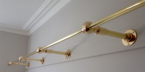 It’s Friday and it’s finished! A bespoke polished brass wall mounted coat rail … Hangers away! Coat Rail Ideas, Brass Clothes Rod, Green Bootroom, Wall Mounted Clothes Rail, Brass Closet Rod, Rail Hangers, Library Ladders, Wall Mounted Clothing Rack, Coat Rail