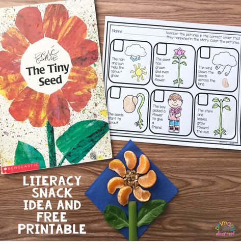 We’re working on our plant unit  and I wanted to tie it into our Literacy Snack this week. We’re reading a great book by Eric Carle, The Tiny Seed.  “In autumn, a strong wind blows flower seeds high in the air and carries them far across the land. One by one, many of the seeds are … Tiny Seed Activities Eric Carle, Garden Literacy Activities Preschool, The Tiny Seed Activities Kindergarten, The Tiny Seed Activities Preschool, The Tiny Seed Craft, The Tiny Seed Activities, Tiny Seed Activities, Seed Activities, Flower Activities