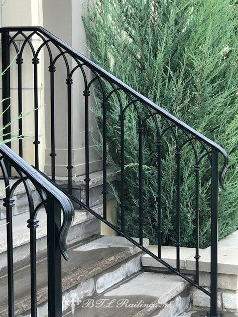 Front Porch With Iron Railing, Outside Step Railings, Outside Stairs Railing Ideas, Front Porch Railing Ideas Wrought Iron, Tudor Stair Railing, Front Stoop Railing Ideas, Wrought Iron Exterior Railing, Wrought Iron Front Porch Railing, Porch Wrought Iron Railing Ideas