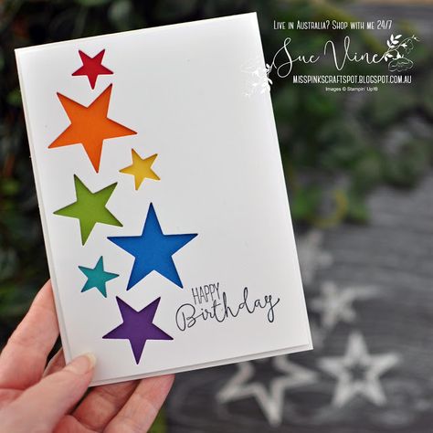 Card created using Stitched Stars Dies from Stampin' Up!® by Sue Vine | MissPinksCraftSpot | Stampin' Up!® Australia Order Online 24/7 | #stitchedstars #handmadecard #rubberstamp #stampinup #suevine #misspinkscraftspot #stampinupdemonstrator #handmade #crafttherapy Creative Birthday Cards, Pink Crafts, Birthday Card Craft, Masculine Birthday Cards, Star Cards, Cricut Cards, Kids Birthday Cards, Birthday Cards Diy, Handmade Birthday Cards