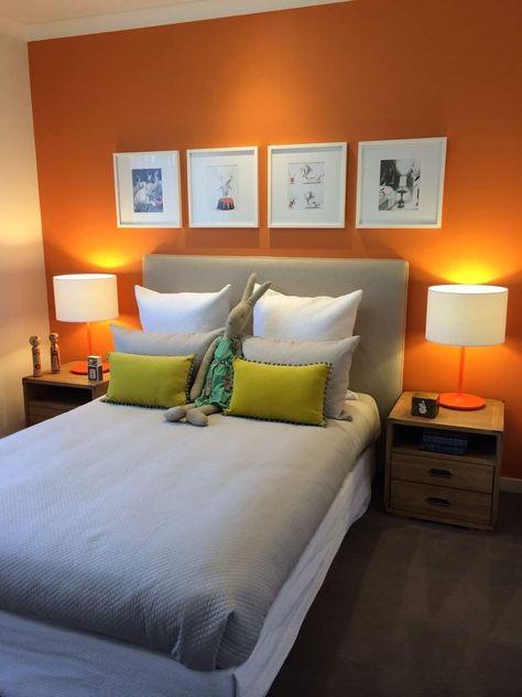 Orange Feature Wall Bedroom, Orange Grey Bedroom, Orange Accent Wall Bedroom, Orange Feature Wall, Orange Wall Paint, Orange Bedroom Walls, Orange Accent Walls, Indian Bedroom Design, Orange Bedroom Decor