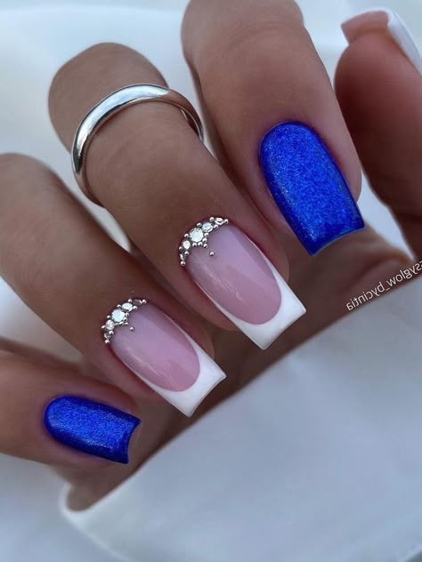 shimmery royal blue nails and white French tips Nails Royal Blue And Silver, Nails Royal Blue, Royal Blue Nails Designs, Blue Wedding Nails, Cobalt Blue Nails, Blue Prom Nails, Blue And Silver Nails, Blue And White Nails, Royal Blue Nails