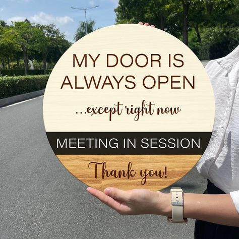 ✔ Title: My Door Is Always Open Except Right Now, Office Door Sign Hanger, Meeting In Session Sign, Do Not Disturb Sign, Office Outdoor Sign This beautiful office door sign is a wonderful way to let them know that they should return later. This door sign is made of plywood and single-side printing using UV technology. This sign has 4 different sizes that are 8 inches, 12 inches, 14 inches, and 18 inches in diameter. Its thickness is 5mm of high-quality Plywood. It comes with free rope so it is 100% ready to hang on your door or wall the moment it arrives. ✔ Details:   + Materials: Plywood, single-side printing using UV technology   + Width: 8/12/14/18 inches   + Height: 8/12/14/18 inches   + Depth: 5 mm   + Free rope --> Ready for hanging ✔ CUSTOME: If you have any ideas for custom, please Funny Office Door Signs, Therapist Door Signs, In Session Door Sign, In A Meeting Door Sign, Office Door Signs Professional, Office Door Sign, Assistant Principal Office, Out Of Office Sign, Door Quotes