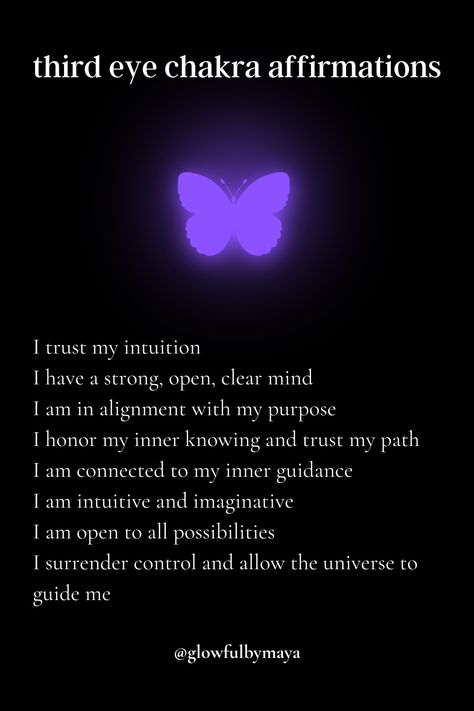 third eye chakra affirmations by glowfulbymaya [positivity grateful motivational happiness self love spirituality] Third Eye Chakra Aesthetic, Third Party Removal Affirmations, Third Eye Affirmations, Chakra Questions, Spiritual Beginner, Third Eye Aesthetic, Eye Affirmations, Third Eye Chakra Affirmation, Boundaries Setting