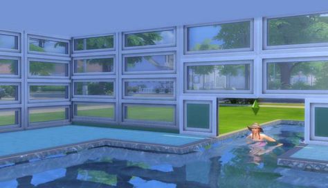 Sims 4 Building How-To's: Sims can then swim under the window, into the house Sims 4 Indoor Pool, Sims 4 Swimming Pool, House Design With Pool, Sims4 House, Fake Walls, Sims 4 House, Sims Inspiration, Sims Builds, Sims 4 House Plans