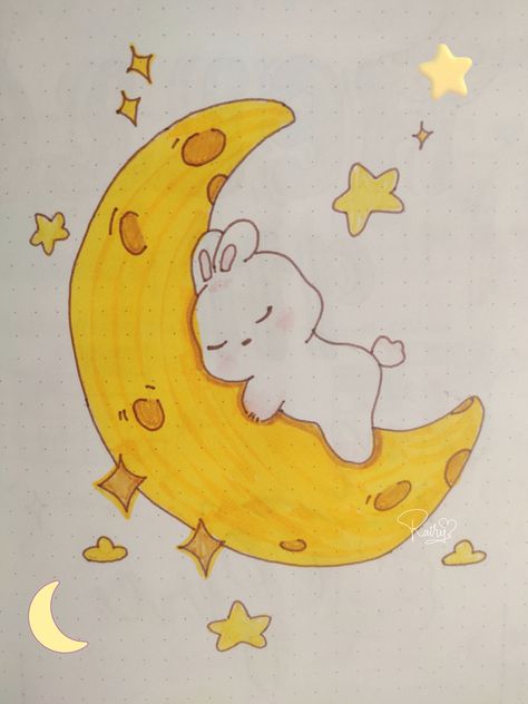 #bunny #drawing #cutedrawing Bunny Drawing, Random Stuff, Cute Drawings, Moon, Drawings, Kawaii