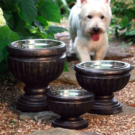 Garden Urn Dog Bowls | Place your dog bowls inside garden urn planters for an upgraded look. You can even add weight below the bowl to keep your puppy from tipping over their food or water dish. #DecorativePetProducts #PetDecor #Pets #Dogs Dog Friendly Garden, Dog Friendly Backyard, Dog Feeding Station, Spoiled Pets, Round Dog Bed, Raised Dog Bowls, Dog Yard, Dog Water Bowls, Dog Feeder