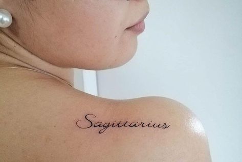 Sagittarius Tattoo: 50+ Tattoo Ideas For Women Sagittarius Writing Tattoo, Sagittarius Ankle Tattoo, Sagittarius Word Tattoo, Sagittarius Back Tattoo, Sag Tattoo Sagittarius, Saggitarius Tattoo Woman Sagittarius, Small Sagittarius Tattoos For Women, Tattoo Ideas Female Sagittarius, Tattoo Ideas Sagittarius