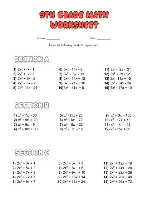 9th Grade Algebra Math Worksheets Printable Grade9 Math, Grade 7 Math Worksheets With Answers, 8th Grade Math Worksheets With Answers, Grade 9 Math Worksheets, Grade 8 Math Worksheets, 9th Grade Math Worksheets, 9th Grade Worksheets, Algebra 1 Worksheets, Year 9 Maths Worksheets