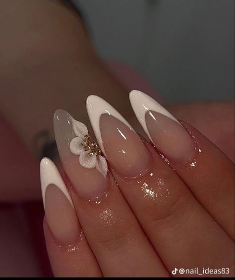 White French Design Nails Almond, Short Length Nails Acrylic Almond, Nails White Prom, Nails For Debutante, Acrylic Nails Leaf Design, Graduation Nails Short Almond, Nail Ideas Medium Almond, Quince Nails Almond Shape, Almond January Nails Designs