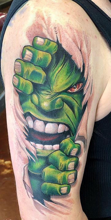 Dragon Koi Tattoo Design, Super Hero Tattoos, Ripped Skin Tattoo, Hulk Tattoo, Superman Tattoos, Hero Tattoo, Spiderman Tattoo, Colored Tattoo Design, Chicano Tattoos Sleeve