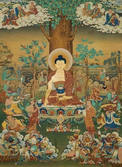 Tibetan Symbols, Sakyamuni Buddha, Buddha Art Painting, Shakyamuni Buddha, Under A Tree, Ancient Paintings, Bodhi Tree, Buddha Painting, Thangka Painting