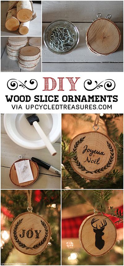 diy-wood-slice-christmas-ornaments-easy-wood-transfer-upcycledtreasures Joululahjat Diy, Wood Slice Christmas, Wood Slice Ornaments, Hantverk Diy, Rv Renovation, Renovation Inspiration, Diy Christmas Tree Ornaments, Christmas Tree Decorations Diy, Rv Renovations