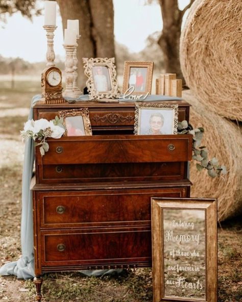 "High Boy" is a beautiful brown vintage dresser. That looks beautiful as a memorial table or a prop display for a photobooth wedding, wedding ceremony, wedding reception, wedding cocktailhour, wedding bar, keg bar, beer, wine, rustic wedding, elegant wedding, wedding rental, love, wedding photography, bridesmaid dress, groomsmen tux, groom, wedding invitations, wedding dress, wedding gown, wedding inspiration,decor, weddin decorations, wedded bliss, wedding style, wedding life, wedding day Cheap Vintage Wedding Ideas, Vintage Wedding Backdrop Ideas, Antique Rustic Wedding, Old Furniture Wedding Decor, Vintage Furniture At Wedding, Wedding Dress Display At Reception, Wedding Dresser Decor, Vintage Wedding Reception Decorations, Vintage Wedding Furniture