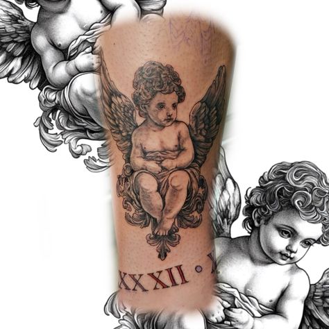 Lil cherub tattoo anyone? Why not 👼 #tattooshop #tattoo #tattoos #tattooist #tattooed #religioustattoo #cherubtattoo #cherub #blackandgraytattoo #tattooart #tattooideas #tattoostyle #gonemad #madrabbitambassador #madrabbit Cherub Tattoo, Religious Tattoo, Black And Grey Tattoos, Tattoo Shop, Tattoo Style, Art Tattoo, Tattoos