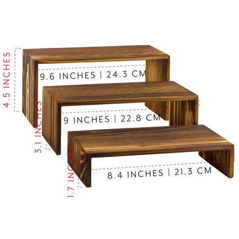 Our wooden pedestal sets, made from high-quality fir wood, offer a charming and durable solution for elevating your decor, plants, or culinary displays. Available in a nesting set of three sizes—large (4.5 inches high by 9.6 inches wide by 3 inches deep), medium (3.1 inches high by 9 inches wide by 3 inches deep), and small (1.75 inches high by 8.4 inches wide by 3 inches deep)—these pedestals can be easily stored and provide numerous arrangement possibilities. Their stackable design is perfect Wooden Racks Display, Wood Riser Decor, Homemade Desert, Wooden Risers, Wood Risers, Dessert Stands, Wooden Pedestal, Commercial Display, Shark Themed Birthday Party