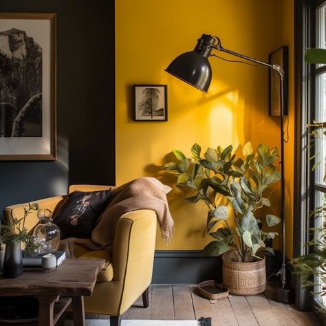 Wall Paint Office, Yellow Living Room Walls, Yellow Wall Paint, Yellow Hallway, Yellow Walls Living Room, Yellow Painted Walls, Living Room Colour Schemes, Wood Office Furniture, Colour Interior