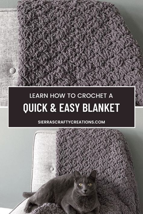 Crochet Blanket Patterns Bernat, Super Bulky Crochet Blanket, Bernat Blanket Patterns, Easy Crochet Patterns Free Beginners, Quick Crochet Blanket, Easy Blanket, Bernat Baby Blanket Yarn, Modern Crochet Blanket, Yarn Blanket