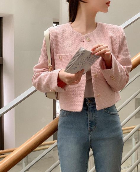 Pink Blazer Outfit Korean, Korean Tweed Blazer, Pink Jacket Outfit Hijab, Channel Clothes Outfits, Old Money Pink Outfit, Pink Tweed Blazer Outfit, Pink Blazer Outfit Casual, Pink Tweed Jacket Outfit, Pink Tweed Outfit