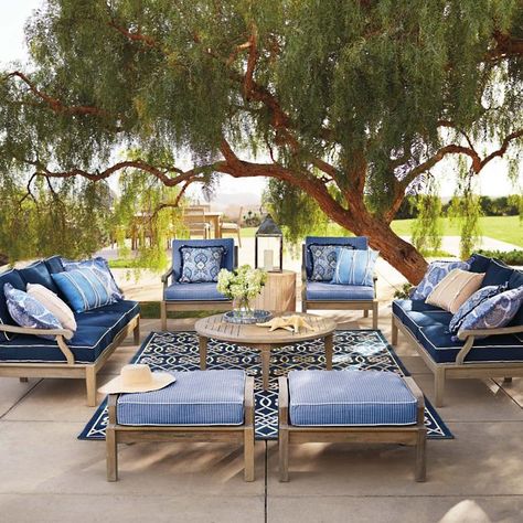 Cassara Seating in Weathered Finish | Frontgate Patio Lanterns, Shabby Chic Porch, Frontgate Outdoor Furniture, Frontgate Outdoor, Teak Outdoor Furniture, Blue White Decor, Best Outdoor Furniture, Teak Frame, Outdoor Furniture Collections